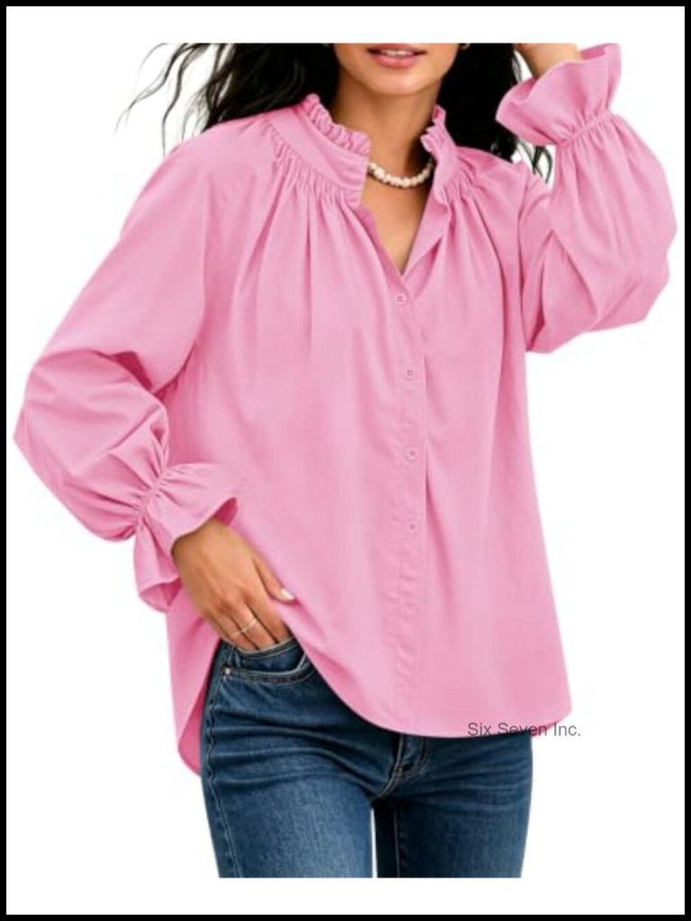 Ruffle Stand Collar Button Down Puff Sleeve Blouse